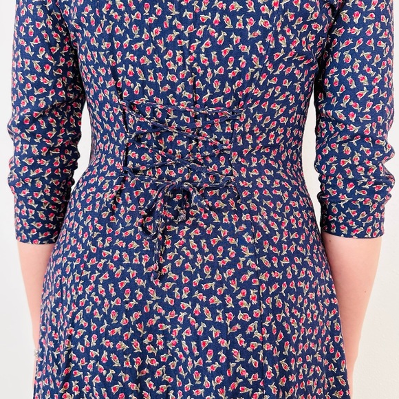 Vintage Paris Sport Club Dress Pearl Buttons Front Padded Shoulders Floral Boho - Picture 6 of 12